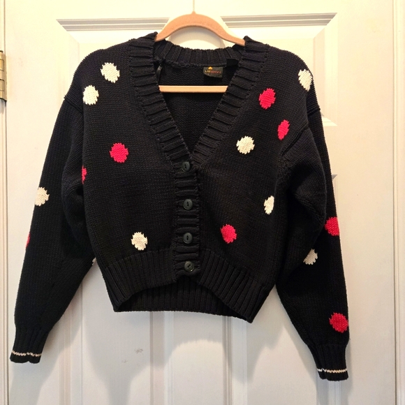 Vintage 80’s Liz Sport SP Cardigan Polka Dot Cropped Sweater Knit Ribbed Black - Picture 1 of 8
